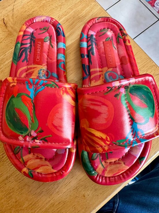 FARM Rio Shoes - Adidas X FARM Rio Pink Fruits Puffy Slide Sandals Red Floral Women's Size 9